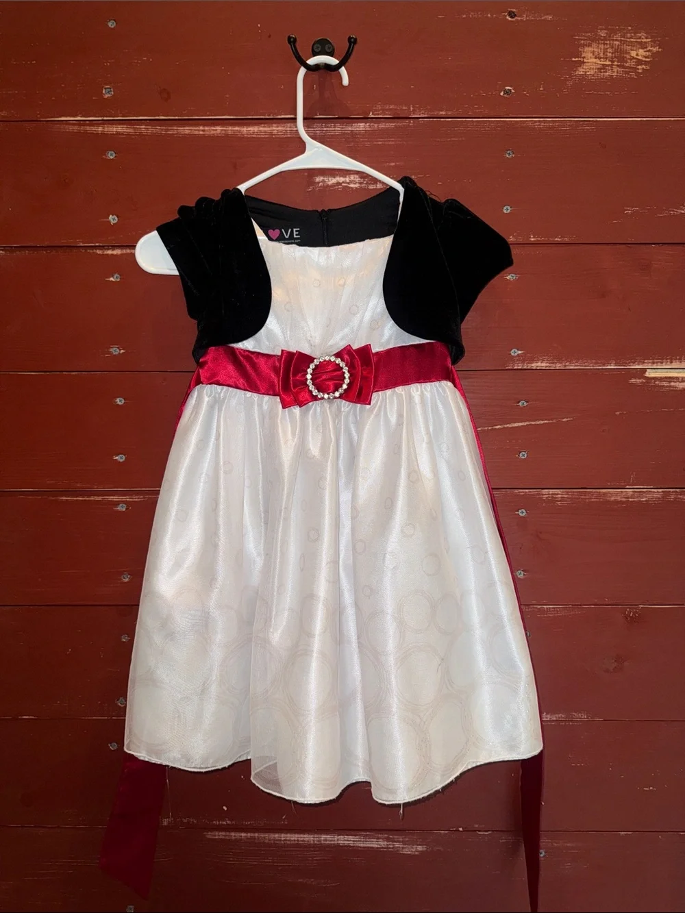 Love Girls White and Black Dress with Red Satin Bow. Formal. Christmas.